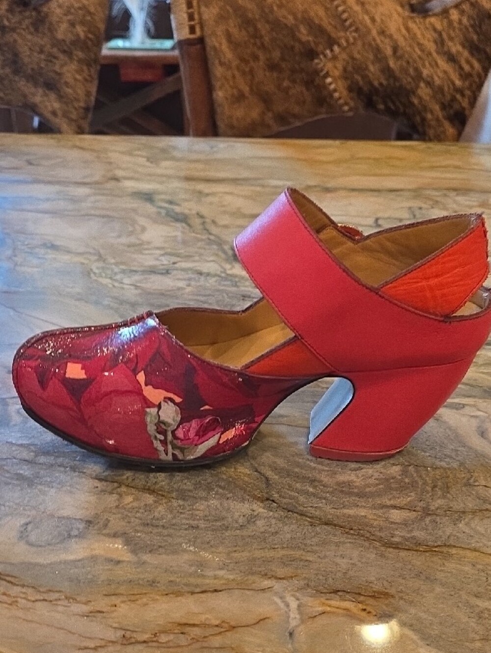 John Fluevog Red Floral Mary Jane Heels - Picture 5 of 7